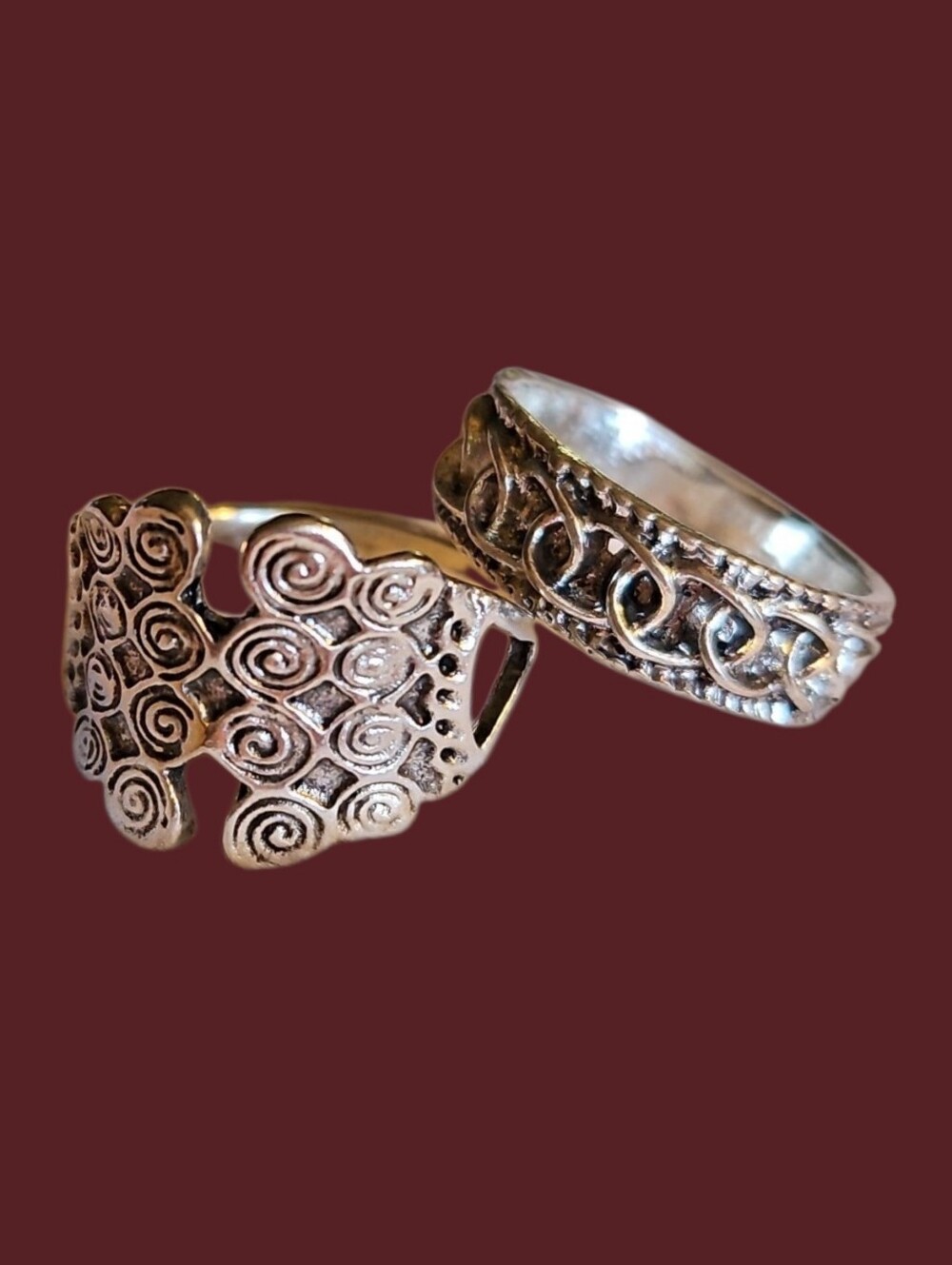 Vintage Set Of Two Silver-Tone Swirl and Chain Pattern Rings